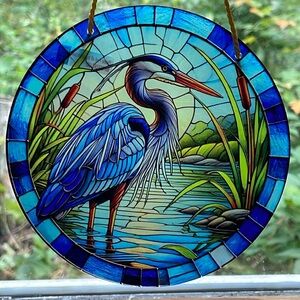 Suncatcher Blue Heron Bird Acrylic Window Decorative Faux Stained Glass New 6”
